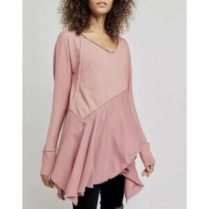 Free People Womens M Pink Mixed Media Thermal Top V-Neck Asymmetric Raw Hem